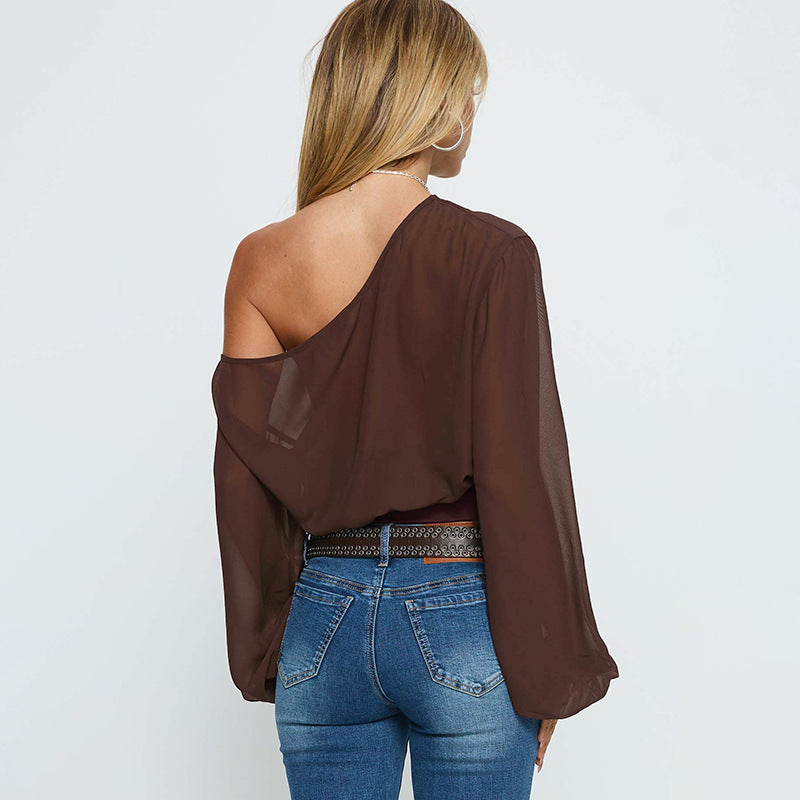 Damen Transparente schulterfreie Mesh-Cropped-Bluse mit elastischem Taillenbund – Avérine