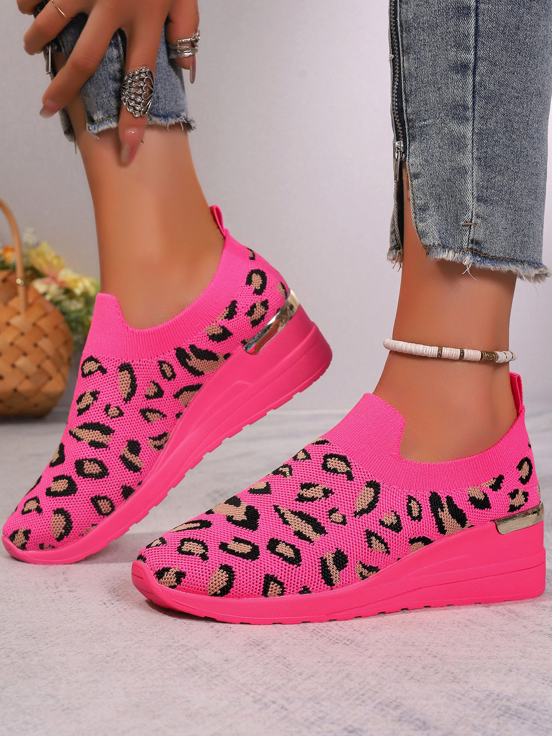 Damen  Sock-Sneaker mit elastischem Strickoberteil Leopardmuster und keilprofilsohle Echo Archiv