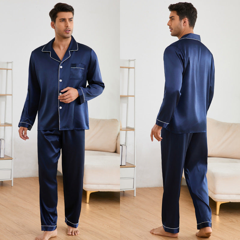 Herren Satin Schlafanzug-Set mit klassischem Kragen und eleganten Kontrastnähten – Marzano