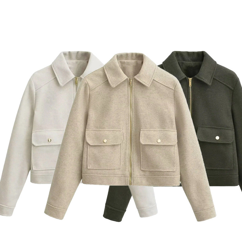 Damen boxy Wollblend Shacket mit verdecktem Metallreißverschluss, Hemdkragen und aufgesetzten Pattentaschen – Célinea