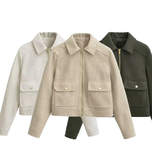 Damen boxy Wollblend Shacket mit verdecktem Metallreißverschluss, Hemdkragen und aufgesetzten Pattentaschen – Célinea
