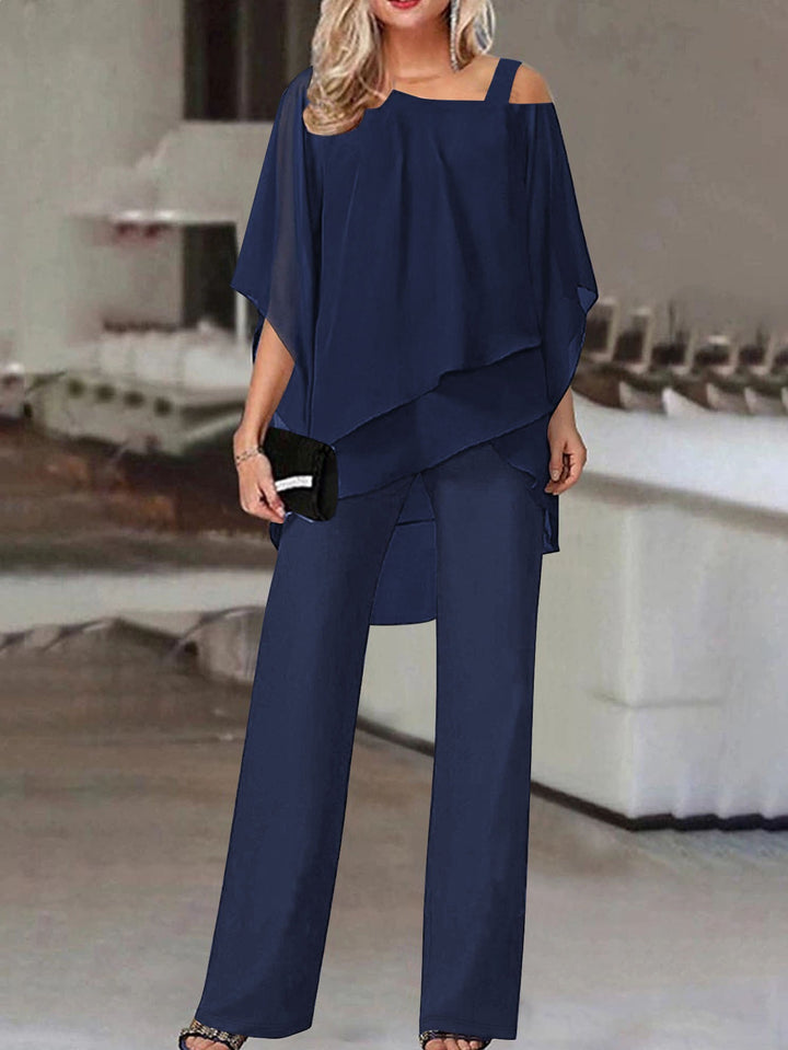 Damen Elegantes Chiffon-Zweiteiler mit Lagen‑Tunika, asymmetrischem Ein‑Schulter‑Detail und weiter Palazzohose – Élanora