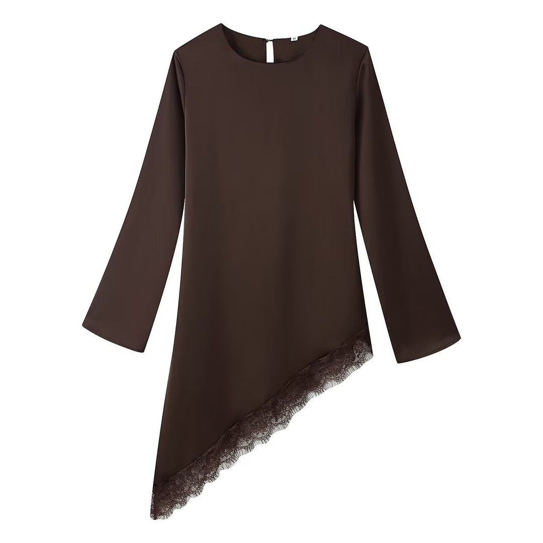 Damen Asymmetrische Tunika mit Spitzensaum und Langarm Echoarchiv