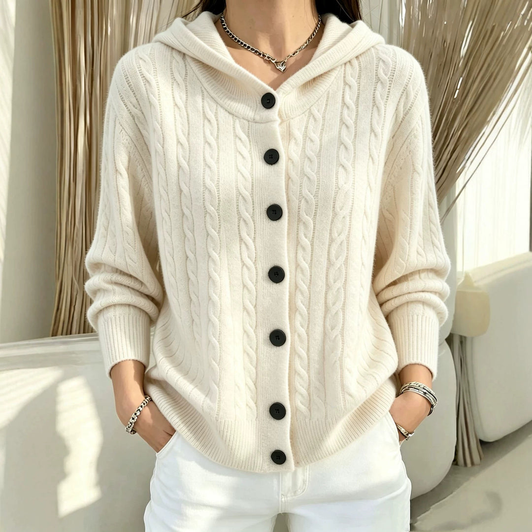 Damen Kapuzen-Cardigan mit Zopfmuster und durchgehender Knopfleiste – Veloura
