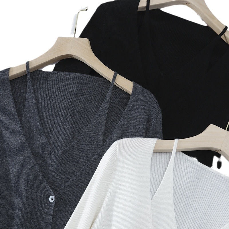 Damen feiner Rippstrick-Cardigan mit integriertem Spaghettitop und tiefem V-Ausschnitt Echo Archiv