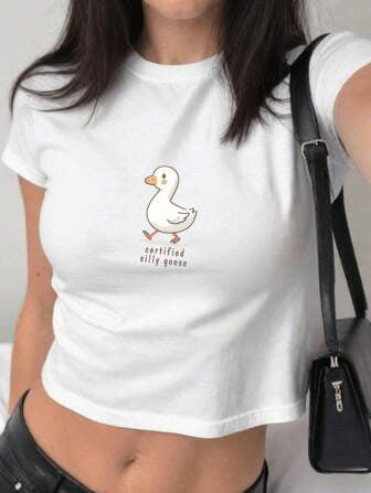 Damen figurbetontes Kurzarm-T-Shirt mit verspieltem Aufdruck Echo Archiv