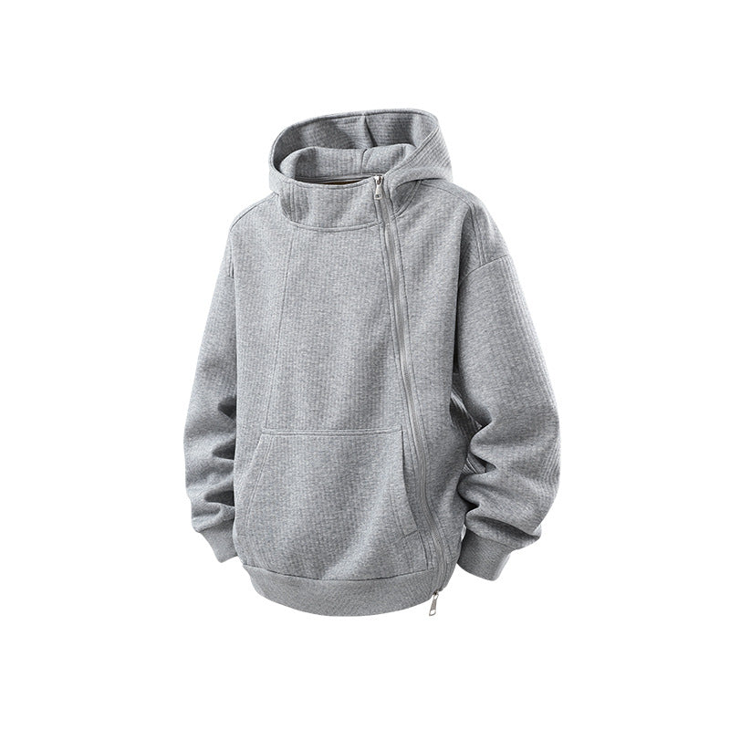 Unisex Asymmetrischer Kapuzenpullover mit hohem Kragen, diagonalem Reißverschluss und Kängurutasche Echo Archiv