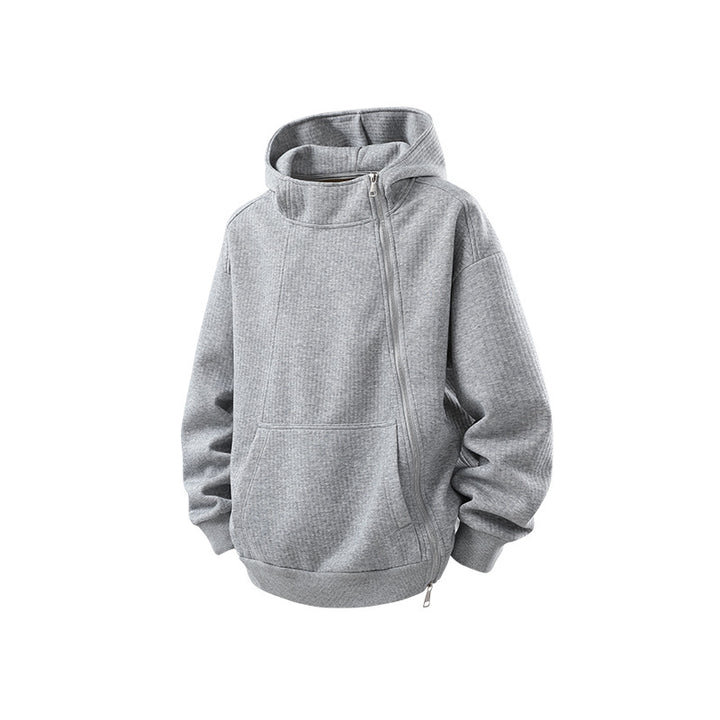 Unisex Asymmetrischer Kapuzenpullover mit hohem Kragen, diagonalem Reißverschluss und Kängurutasche Echo Archiv