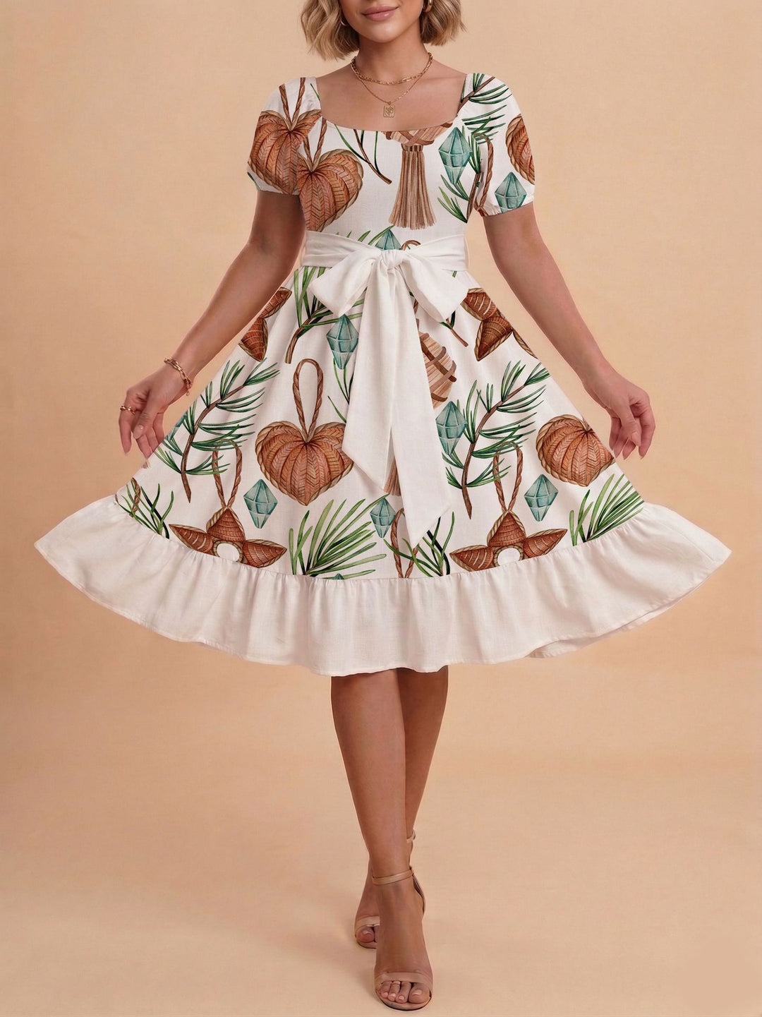Damen Midikleid mit verspieltem Druck und tailliertem Schnitt Echo Archiv