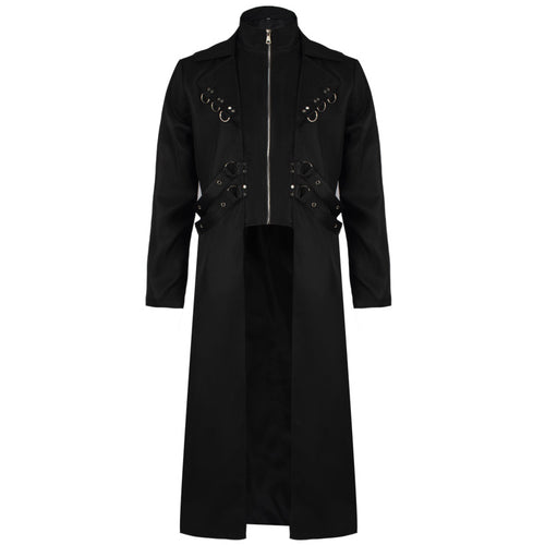 Herren langer Gothic-Mantel mit integrierter Reißverschluss-Innenjacke, Ziergurten und D‑Ring-Applikationen – Montevé