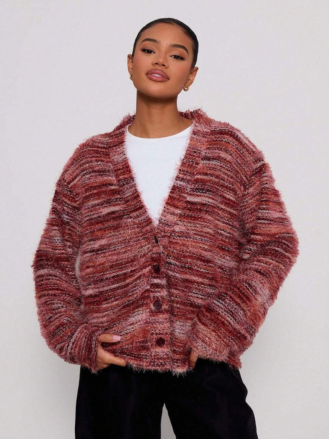 Damen Oversize-Flauschpullover mit weitem Carmen‑Ausschnitt und melierter Strickstruktur Echo Archiv