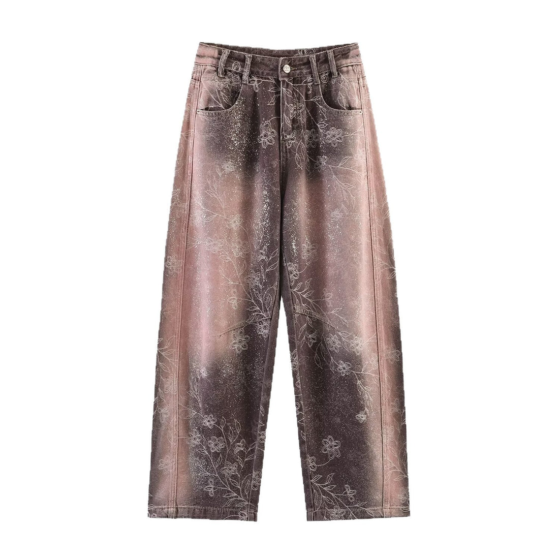 Damen Weite High‑Waist‑Jeans mit floralem Allover‑Print und Used‑Farbverlauf Echoarchiv
