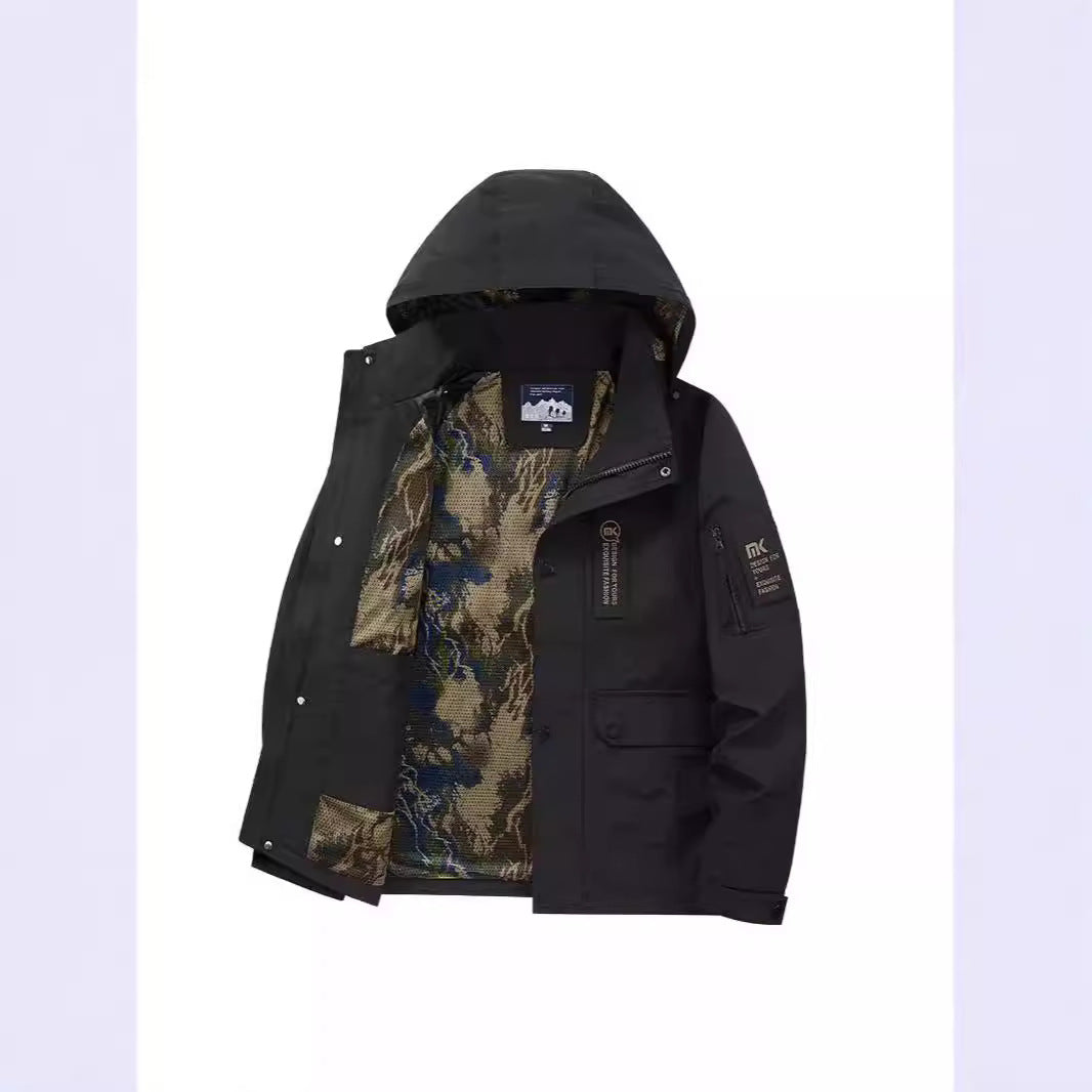 Herren Kapuzen-Fieldjacke mit Camouflage-Netzfutter und wasserabweisender Utility-Außenlage Echoarchiv