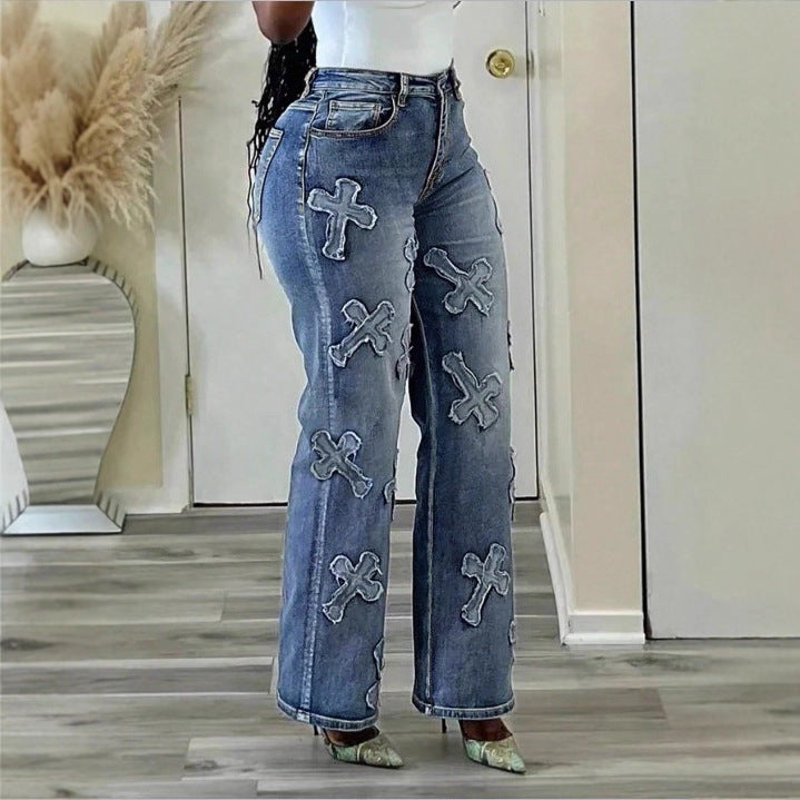 Damen Hochtaillierte Straight‑Leg‑Jeans mit Fransen‑Kreuz‑Applikationen Echo Archiv