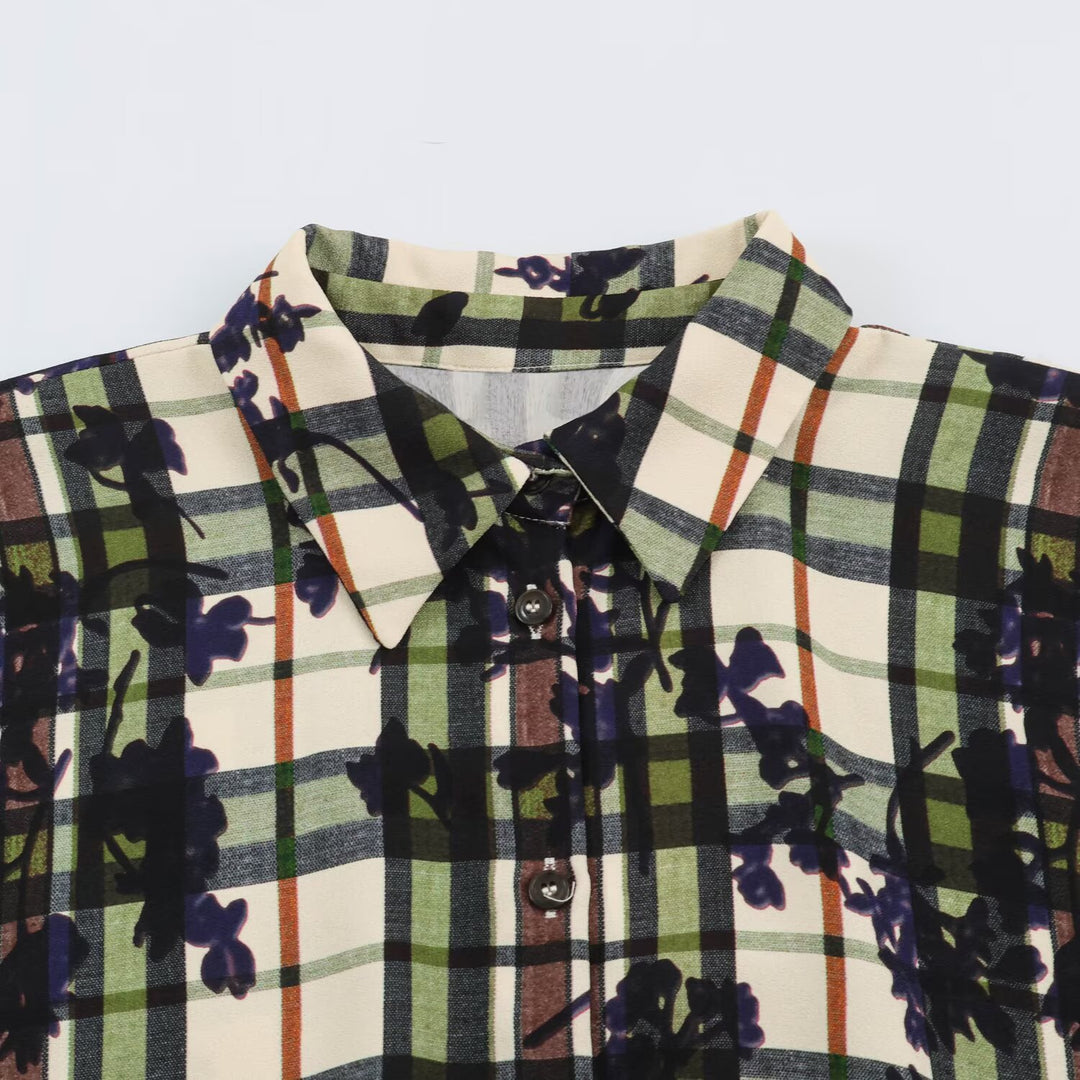 Damen Hemdblusenkleid mit Karomuster und Blumenprint samt taillierendem Gürtel Echoarchiv