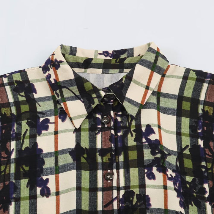 Damen Hemdblusenkleid mit Karomuster und Blumenprint samt taillierendem Gürtel Echoarchiv