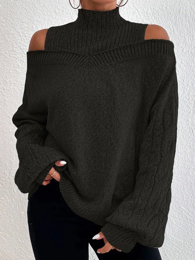 Damen nan schulterfreier Strickpullover mit Stehkragen und Zopfmusterärmeln Echo Archiv