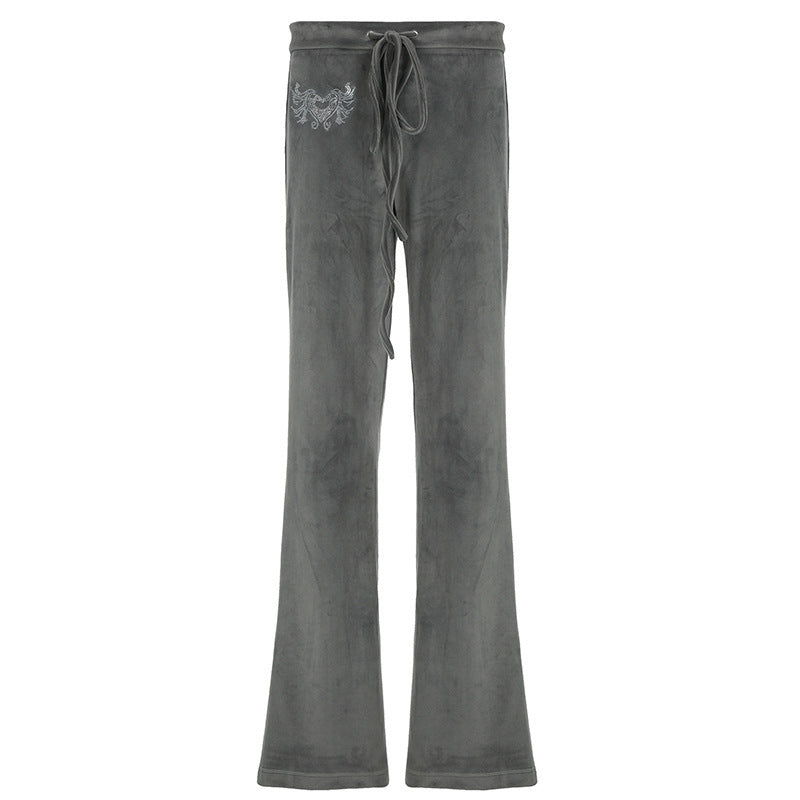 Damen Velours-Loungehose mit ausgestelltem Schlag, elastischem Tunnelzugbund und Hüftstickerei Echo Archiv