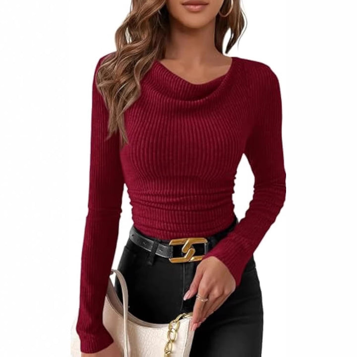 Damen Figurbetontes Feinripp-Longsleeve mit asymmetrischem Wasserfallkragen – Avérine