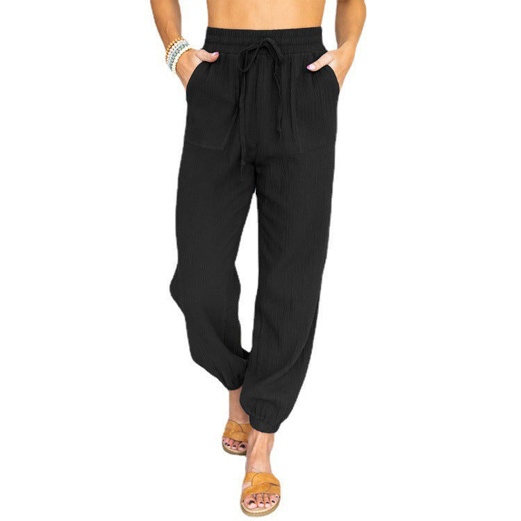 Damen nan leichte Leinenoptik Freizeit-Hose mit hohem elastischem Bund, Kordelzug, aufgesetzten Taschen und elastischen Knöchelbündchen Echo Archiv