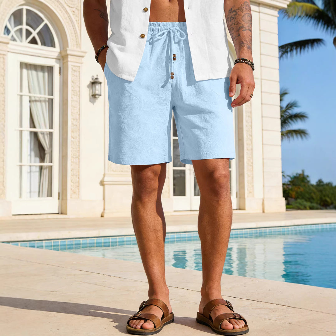 Herren nan leichte Strand-Bermuda aus Leinenmix mit Elastikbund Kordelzug und Zierknopfleiste Echo Archiv