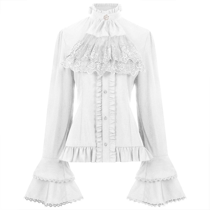 Damen viktorianische Spitzenbluse mit Volant-Jabot, tailliertem Schnitt und doppellagigen Glockenärmeln – Élovi