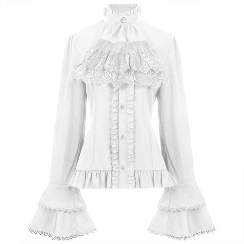 Damen viktorianische Spitzenbluse mit Volant-Jabot, tailliertem Schnitt und doppellagigen Glockenärmeln – Élovi