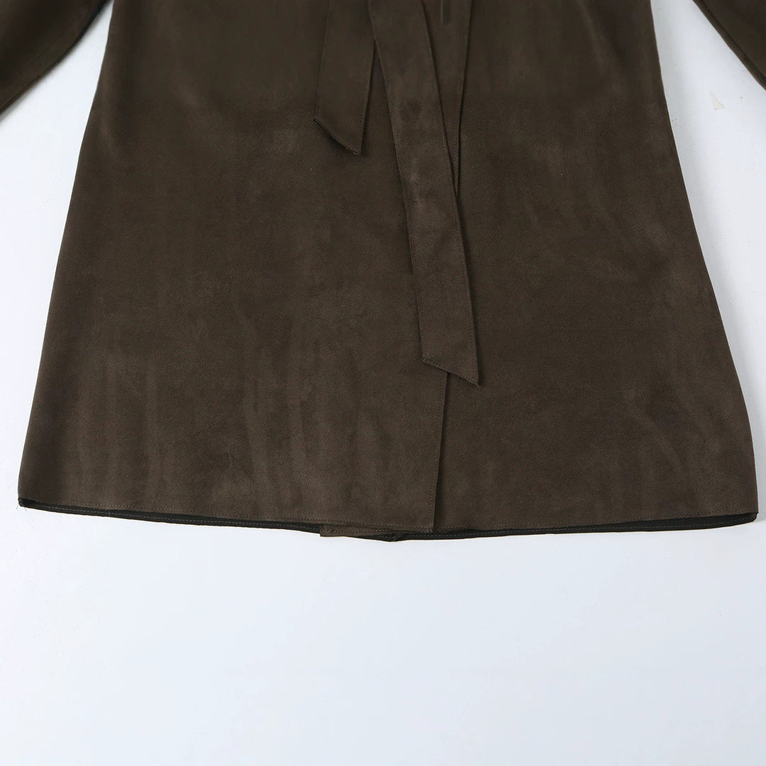 Damen Lang geschnittener Trenchcoat aus Velourslederoptik mit Bindegürtel Echoarchiv