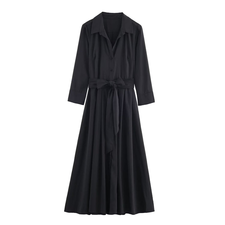 Damen Maxikleid im Hemdblusenstil mit Bindegürtel und schwingendem A‑Linienrock Echoarchiv