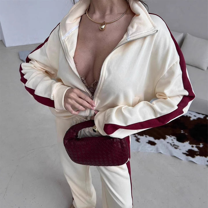 Damen Velours-Loungewear-Set mit Stehkragen, Zip-Jacke und weitem Palazzo-Hosenbein – Élanora
