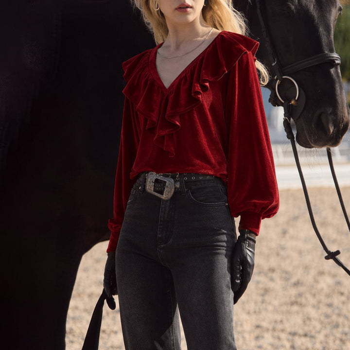 Damen schimmernde V-Neck Rüschenbluse mit Ballonärmeln und elastischen Bündchen – Élovi