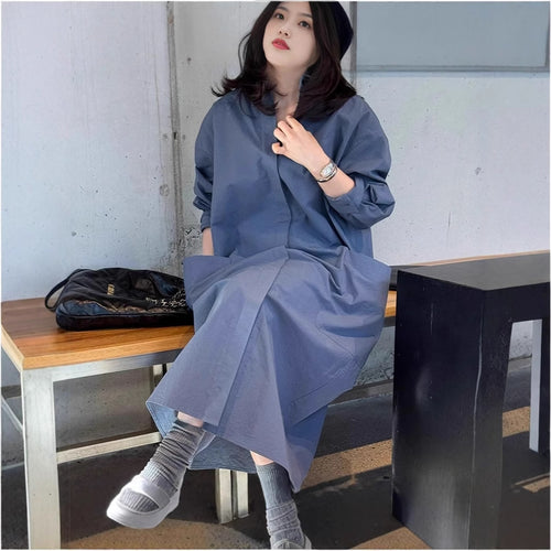 Damen Langes Oversize-Hemdblusenkleid aus Baumwollpopeline mit seitlichen Eingrifftaschen und Rückenpasse – Valéora