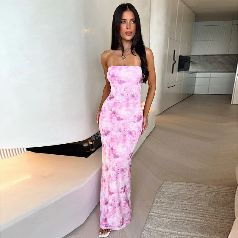 Damen elegantes trägerloses Maxikleid mit floralem Muster und figurbetonter Silhouette Echo Archiv