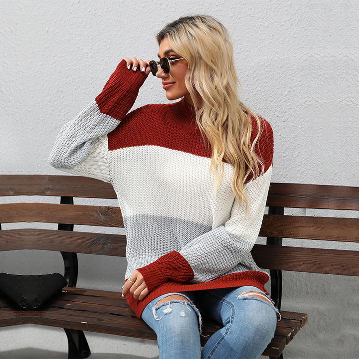 Damen Strickpullover mit Blockstreifen und Stehkragen Echoarchiv