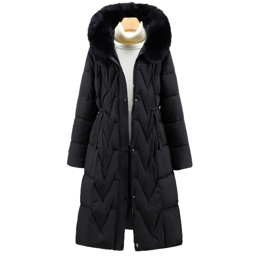 Damen langer gesteppter Parka mit voluminöser Kunstfellkapuze und taillierendem Kordelzug – Montévia
