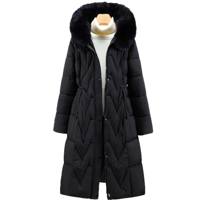 Damen langer gesteppter Parka mit voluminöser Kunstfellkapuze und taillierendem Kordelzug – Montévia