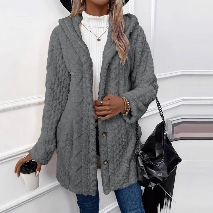 Damen nan kuschelige Teddy-Mantel mit Kapuze, Knopfleiste und Taschen Echo Archiv
