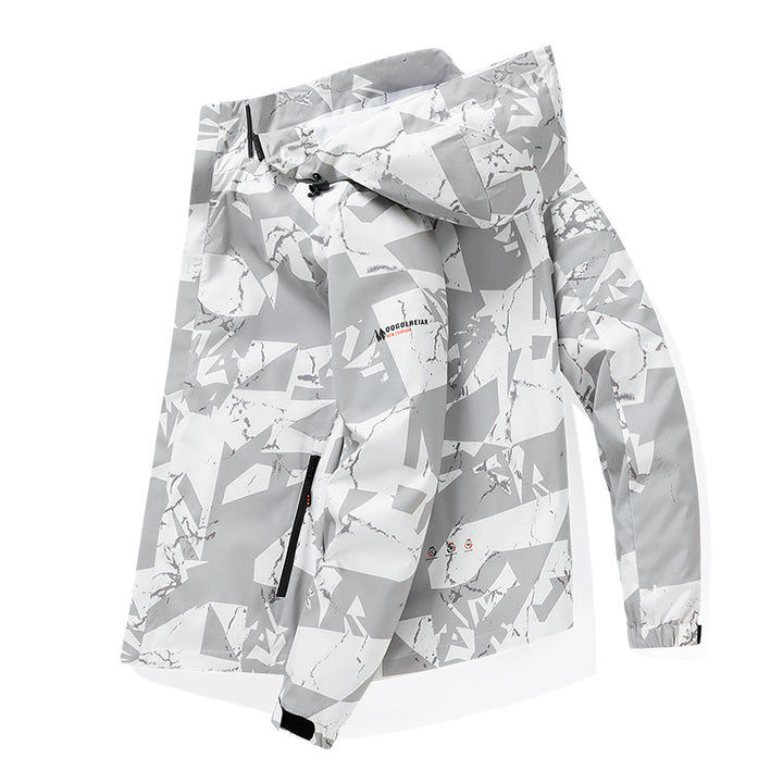 Herren Wasserabweisende Kapuzen-Softshell‑Übergangsjacke mit Camouflage‑Marmorprint, verstellbarem Saum & Reißverschlusstaschen Echoarchiv