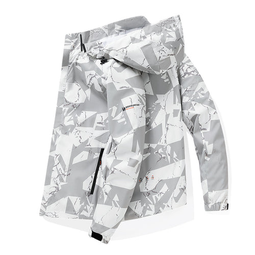 Herren Wasserabweisende Kapuzen-Softshell‑Übergangsjacke mit Camouflage‑Marmorprint, verstellbarem Saum & Reißverschlusstaschen Echoarchiv