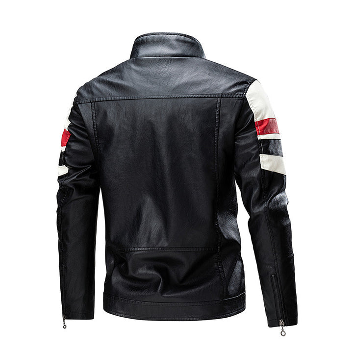 Herren Motorrad-Lederjacke im Retro-Racing-Look mit Kontraststreifen und Stehkragen – Valtoré