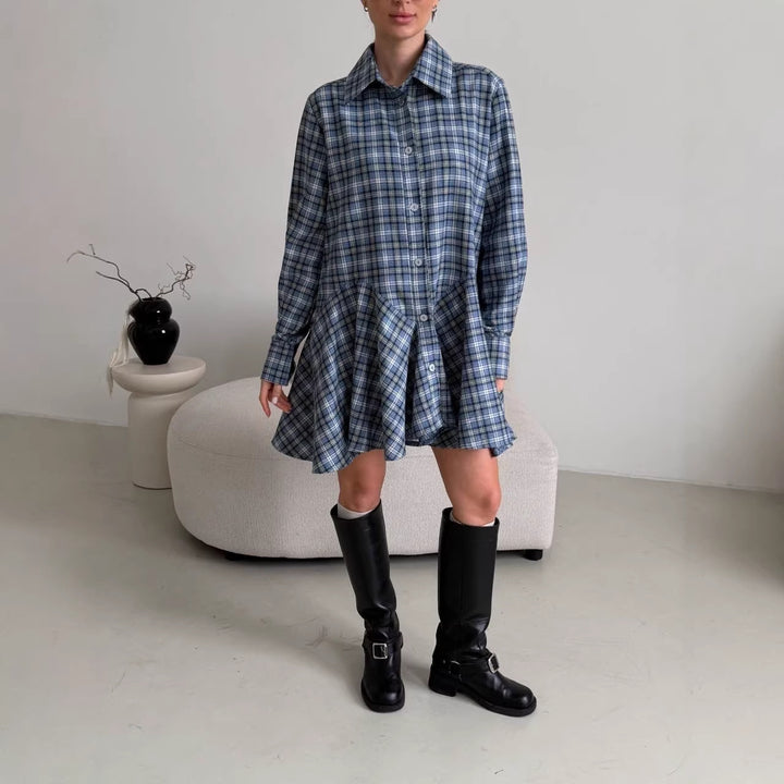 Damen Kariertes Hemdblusen-Minikleid mit ausgestellter Volant-Taille Echoarchiv