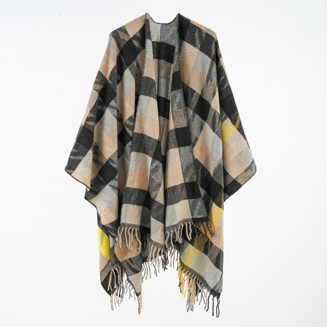Damen Oversize-Plaidponcho mit Fransen und gewebtem Karomuster – Célinea