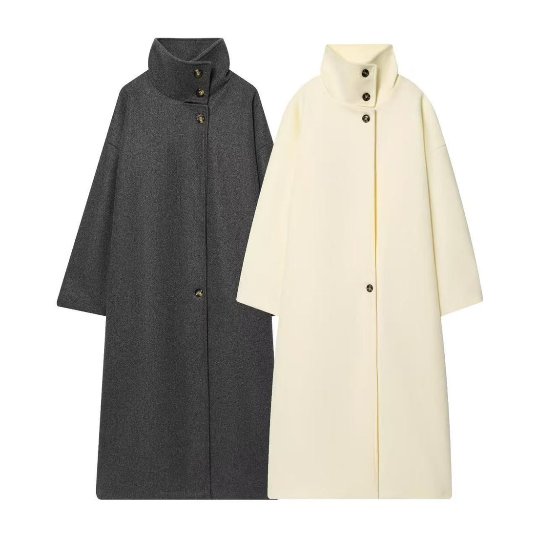 Damen Longline-Mantel mit Funnelkragen und minimalistischer Frontknopfleiste Echoarchiv