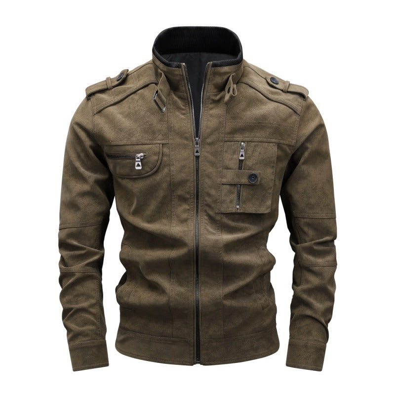 Herren Utility-Lederimitatjacke mit Stehkragen, Schulterklappen und multiplen Brusttaschen Echoarchiv