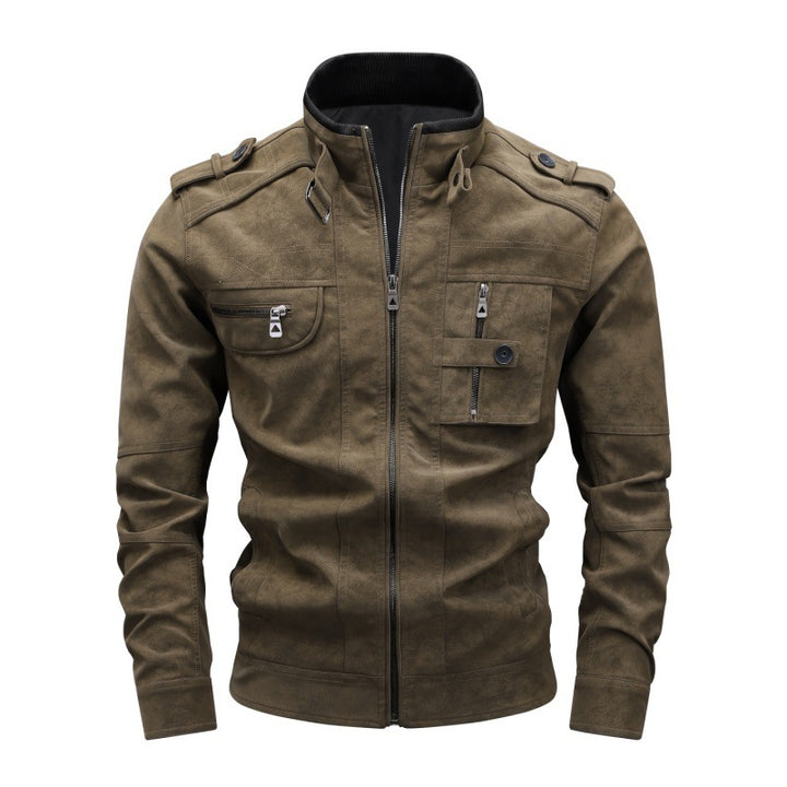 Herren Utility-Lederimitatjacke mit Stehkragen, Schulterklappen und multiplen Brusttaschen Echoarchiv