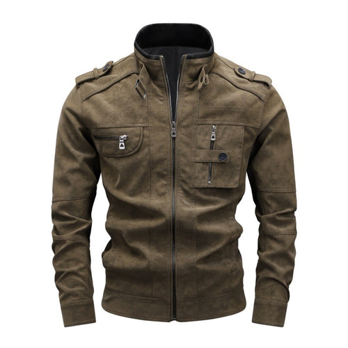 Herren Utility-Lederimitatjacke mit Stehkragen, Schulterklappen und multiplen Brusttaschen Echoarchiv