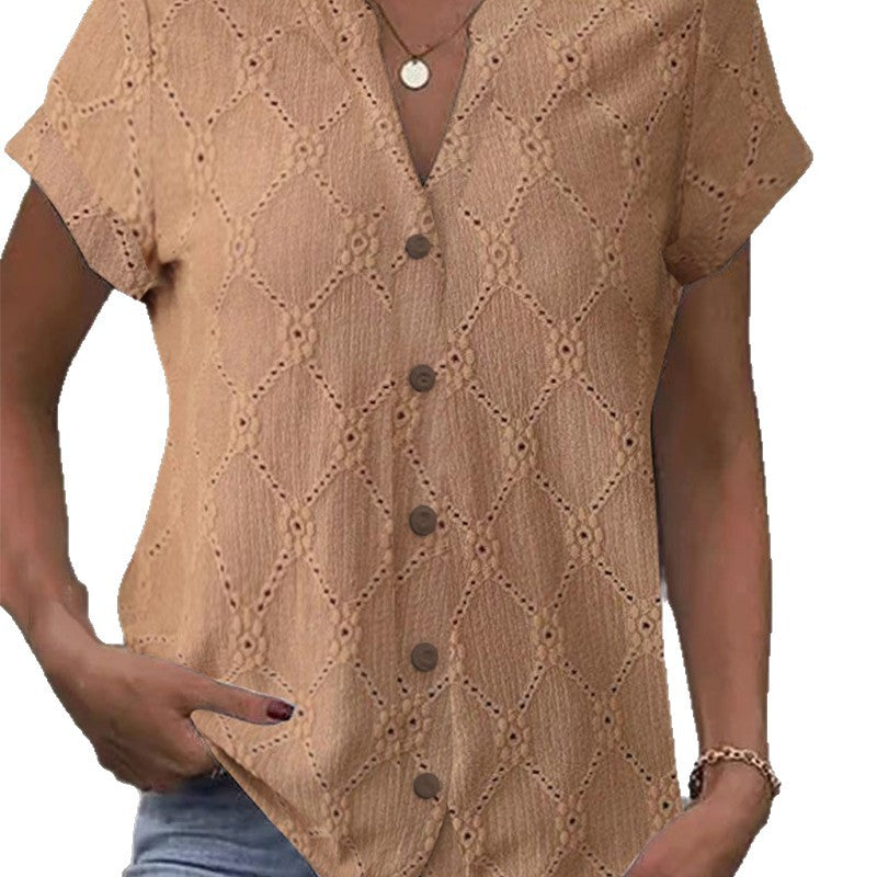 Damen nan kurzärmlige Broderie-Bluse mit V-Ausschnitt und durchgehender Knopfleiste Echo Archiv