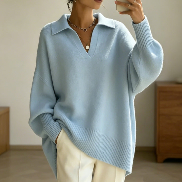 Damen Oversize-Polokragen V-Ausschnitt Strickpullover mit Ballonärmeln – Mavelle