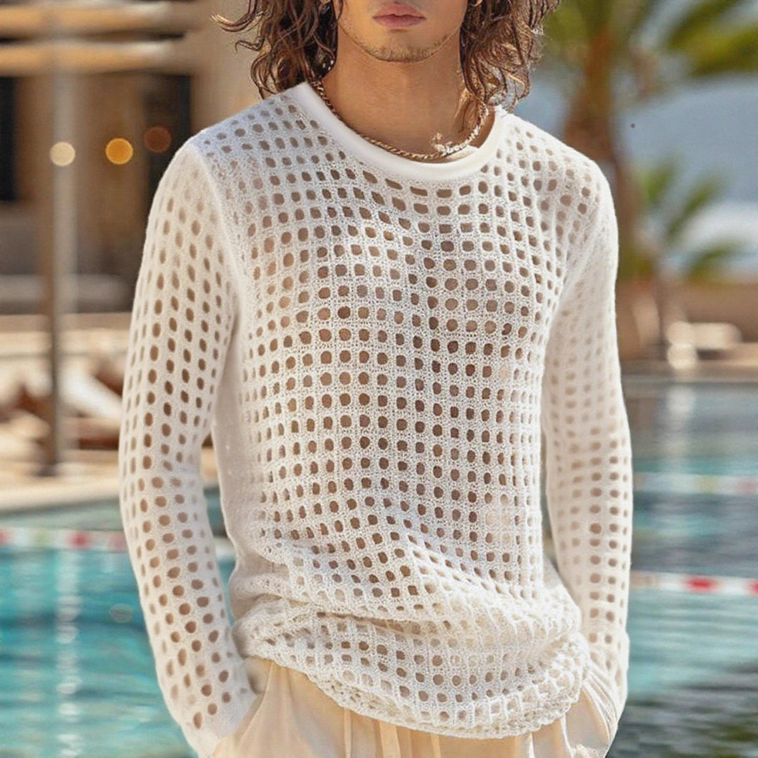 Herren nan luftiger durchbrochener Strickpullover mit quadratischem Netzmuster und Rundhalsausschnitt Echo Archiv