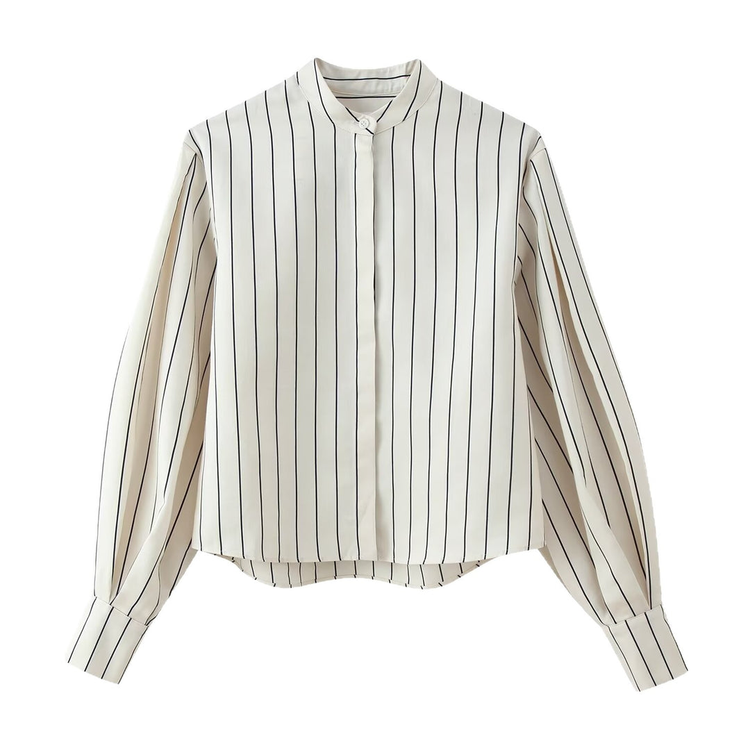 Damen Gestreifte Standkragen‑Bluse mit verdeckter Knopfleiste und Ballonärmeln Echoarchiv